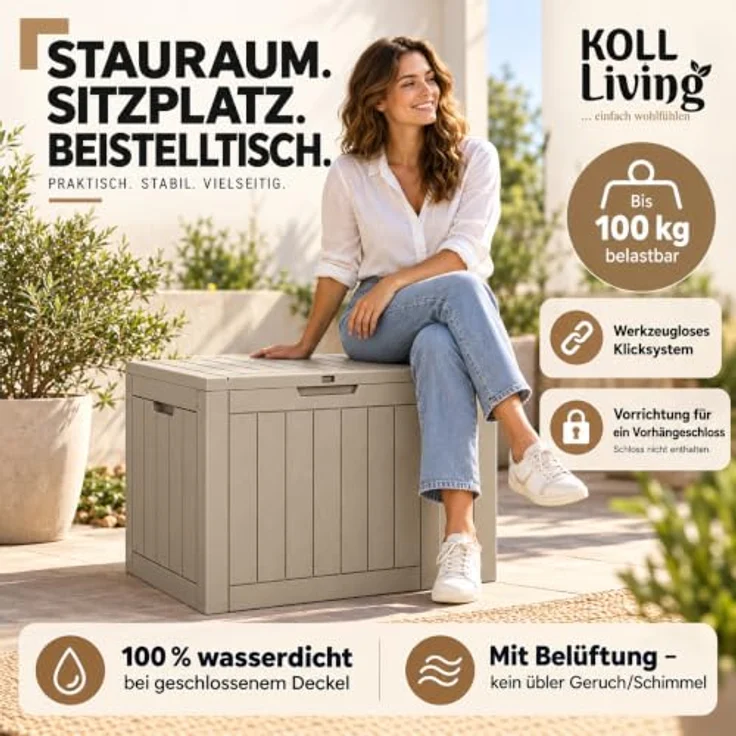 Koll Living Gartenbox Cubex, 118 Liter, witterungsbeständig, pflegeleicht, quadratisch, Beige – Bild 4