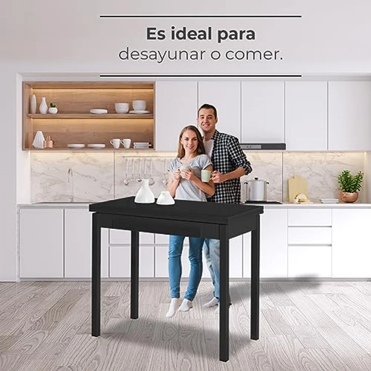 ASTIMESA - Küchentisch mit Schublade - Tisch mit Glasplatte in Schwarz - Minimalistisch - Gestell aus schwarzem Laminat - Tisch ausziehbar von 80 x 40 cm bis 80 x 80 cm – Bild 4