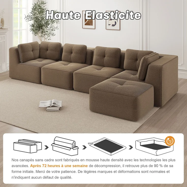 U-förmiges Sofa mit 1 Fußhocker mit Cordbezug und beweglicher Fußauflage, rahmenfreie Lounge-Couch mit breiten Armlehnen ohne Montage, Braun – Bild 8