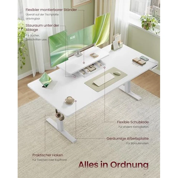 VASAGLE Höhenverstellbarer Schreibtisch, 140x70 cm, flexibel montierbarer Monitorständer, Schublade, USB-C-Anschluss, Erinnerung bei langem Sitzen, für Büro, wolkenweiß LSD154WB01 – Bild 6
