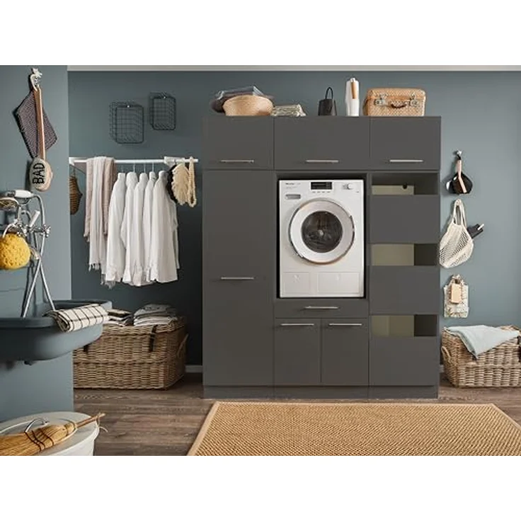 Laundreezy Waschmaschinenschrank und Mehrzweckschrank, Weiß-Waschmaschinen-Überbauschrank TÜV-Zertifiziert mit viel Stauraum, Holzwerkstoff, Anthrazit, Kombi 10 – Bild 3