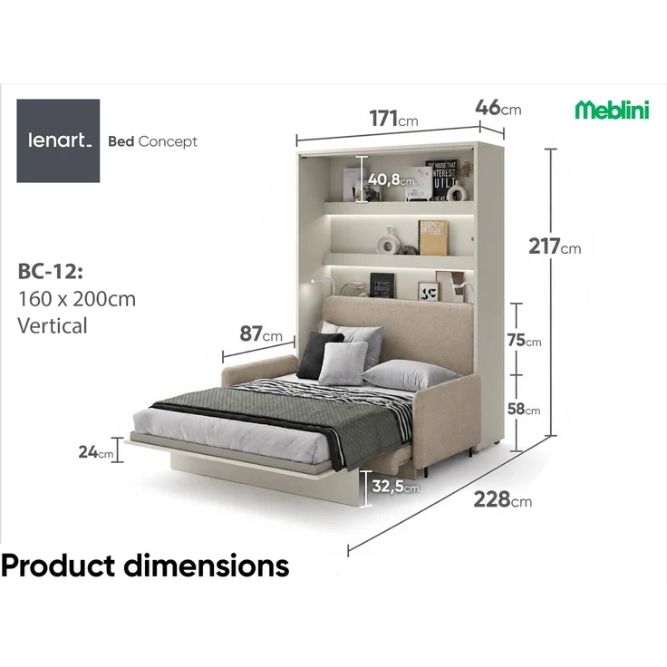 MEBLINI Schrankbett BC-12 - 160x200cm Vertikal - Kaschmir/Beige - mit Sofa - Wandbett mit Lattenrost - Klappbett mit Schrank - Wandklappbett - Murphy Bed – Bild 7