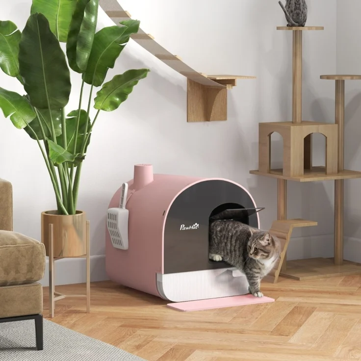 Katzentoilette mit Deckel, Streuschaufel, Schmutzfangmatte, Kunststoff, Rosa/Schwarz--Rosa--43x44x47cm--YOUDENOVA – Bild 2