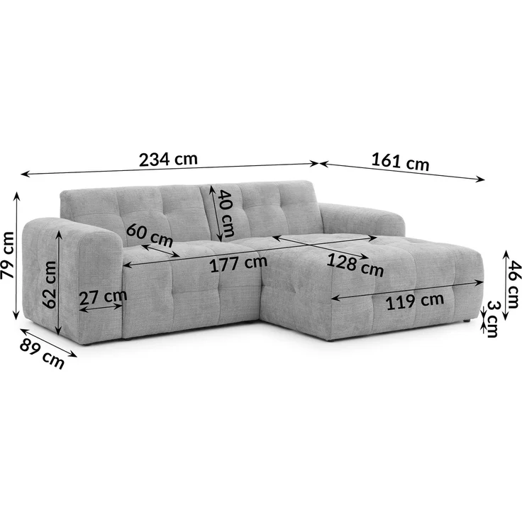 luma-home Modernes Ecksofa mit Ottomane rechts, markante Steppungen, Chenille in Hellgrau, 234 x 161 x 79cm – Bild 8