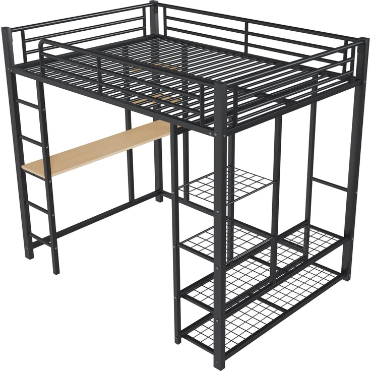 ZUBALIYA Metall-Hochbett mit Leiter 140x200 cm, Juniorbett Doppelbett mit Tisch mit einfachen Kleiderbügeln mit Ablagefächern, Schwarz – Bild 12
