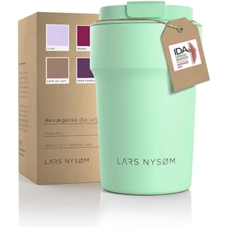 LARS NYSØM Thermo Kaffeebecher to go 380ml | Travel Mug mit Vakuumisolierung, auslaufsicherer Edelstahl Thermobecher für Kaffee und Tee unterwegs | Teebecher (Mint Green, 380ml)