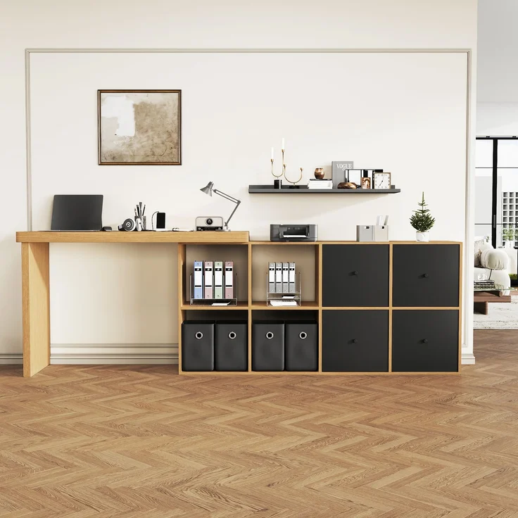 ZUBALIYA drehbarer L-förmiger Eckschreibtisch, 360° schwenkbare Tischplatte, L-förmig oder gerade aufstellbar, 4 Schubladen, 4 offene Fächer, H 78 × B 120 × T 48 cm, Schwarz / Eiche – Bild 2