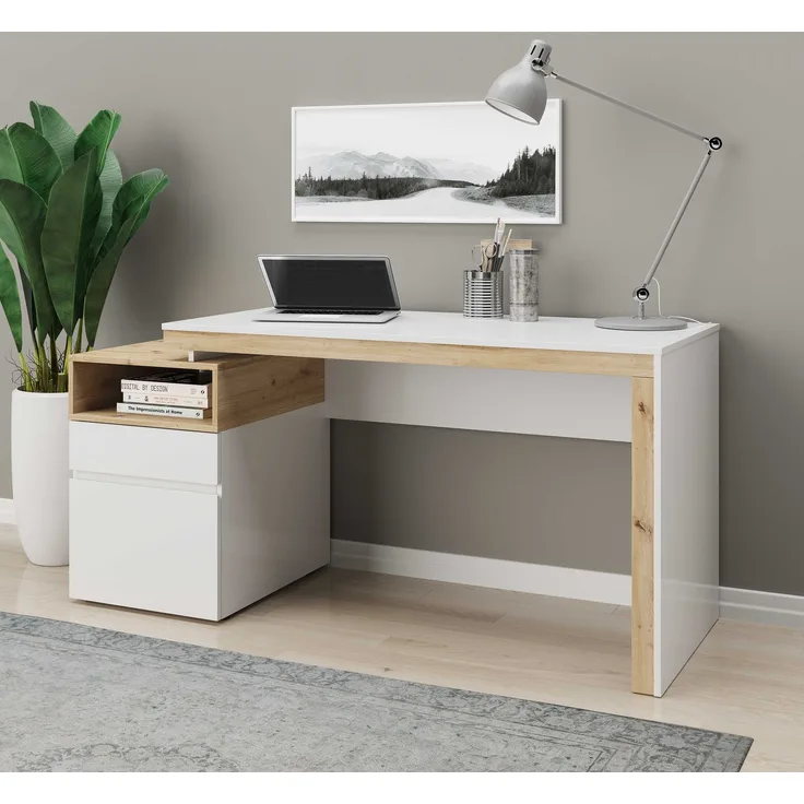 Santiago - Schreibtisch, Homeoffice Tisch, 1 offenes Fach, 1 Schublade, 1 Tür, beidseitig montierbar