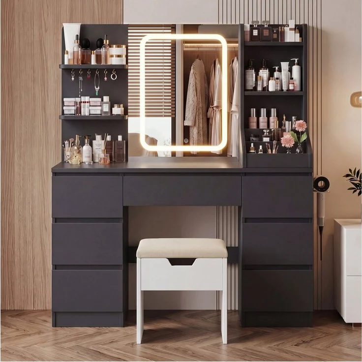 HOMALL Schminktisch Spiegel mit LED-Beleuchtung, 7 Schubladen (Maße: 110 × 40 × 139 cm, drei einstellbare Farbtemperaturen, mit 8 offenen Ablagefächern, 6 Schmuckhaken, 2 Steckdosen, 1 USB-Anschluss, 1 Typ-C-Anschluss und einer Haartrocknerhalterung) – Bild 3