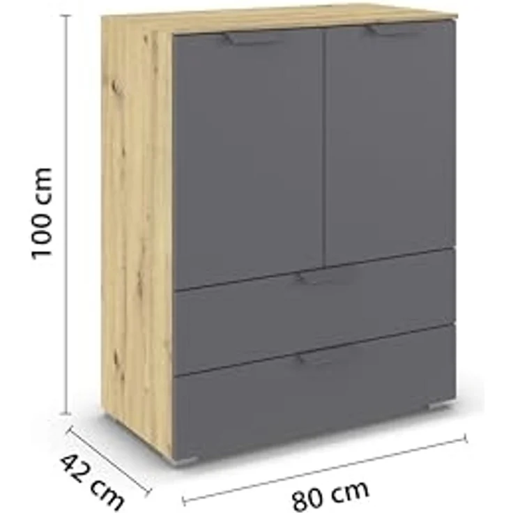 rauch Aditio Box, Kommode, 2-türig, 2 Schubladen, mit Softclose-Funktion, Farbe Grau metallic/Eiche Artisan, BxHxT 80x100x42cm – Bild 3