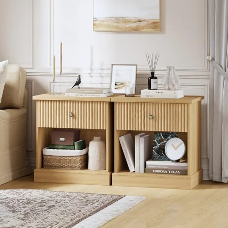 GarveeHome Nachttisch Mit Geriffelten Schubladen Und Offene Lagerung, Kommode Mit Metallgriffen, Nachttisch Mit 45 kg Tragkraft, Für Schlafzimmer Und Wohnzimmer, 57,7 x 39,6 x 61 cm – Bild 9