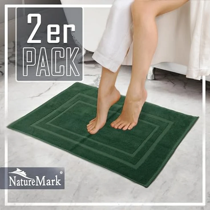 NatureMark 2er Pack Badvorleger Badematte | Premium Qualität | 100% Baumwolle | 50x80 cm | Duschvorleger Duschmatte Doppelpack | Farbe: Dunkel grün – Bild 7