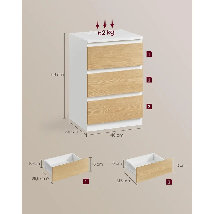 VASAGLE Nachttisch mit Steckdosenleiste, 2er Set, Beistelltisch, 3 Schubladen, 2 AC-Steckdosen, 2 USB-A-Anschlüsse, Wohnzimmer, Schlafzimmer, Arbeitszimmer, modern, wolkenweiß-mandelgelb LET831Y01 – Bild 3