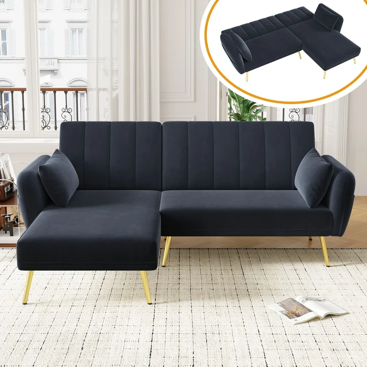 Merax Modernes Klappsofa, L-förmiges Sofa, Schlafsofa mit Zusatzecke, Ecksofa mit Schlaffunktion, Schwarz – Bild 3