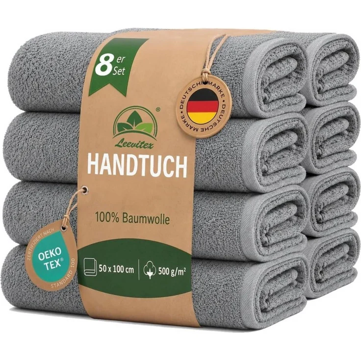 leevitex® Handtücher 8er-Set, 50 × 100 cm, aus 100% Baumwolle, Grau, Frottee (Set, 8-St), OEKO-TEX® STANDARD 100 zertifiziert und hochwertig verarbeitet – Bild 1