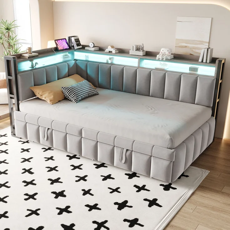 Polsterbett Schlafsofa 90x200 cm mit Ausziehbett, LED-Beleuchtung und Ablagefächern am Kopf- und Fußende, Ausgestattet mit USB- und Typ-C-Anschlüssen. Einzelschlafsofa, Samtstoff Hellgrau – Bild 2