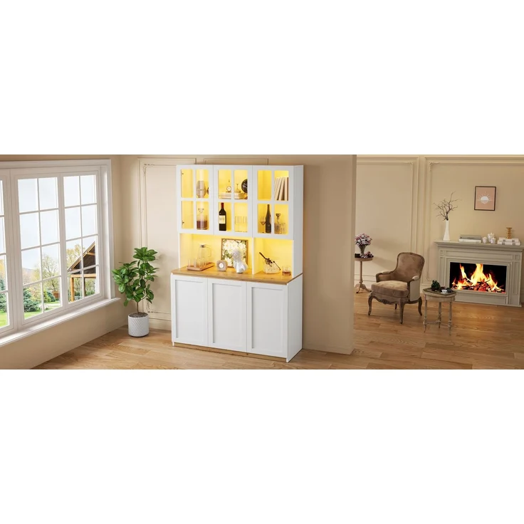 ZUBALIYA Vitrinenschrank 120x200cm, Buffetschrank mit LED-Beleuchtung, Küchenschrank mit Glasrahmentüren, Weiß mit Holzoptik, großer Wohnzimmerschrank als Barschrank, Geschirrschrank und Aufbewahrungsschrank – Bild 18