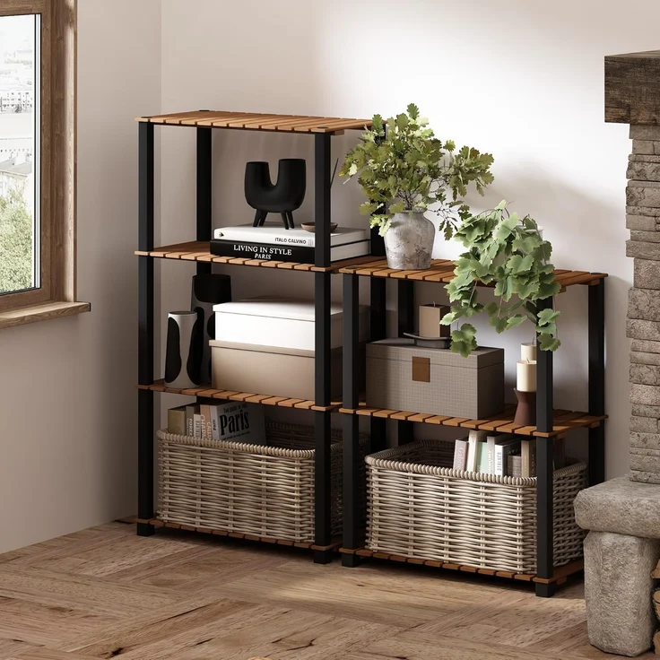 Furinno Turn-N-Tube Ausstellungsregal, 4-stufiges Aufbewahrungsregal, Bücherregal, Eckregal mit Holzlatten, für Innenbereich, Außenbereich, Wohnzimmer, Helles Holz – Bild 2