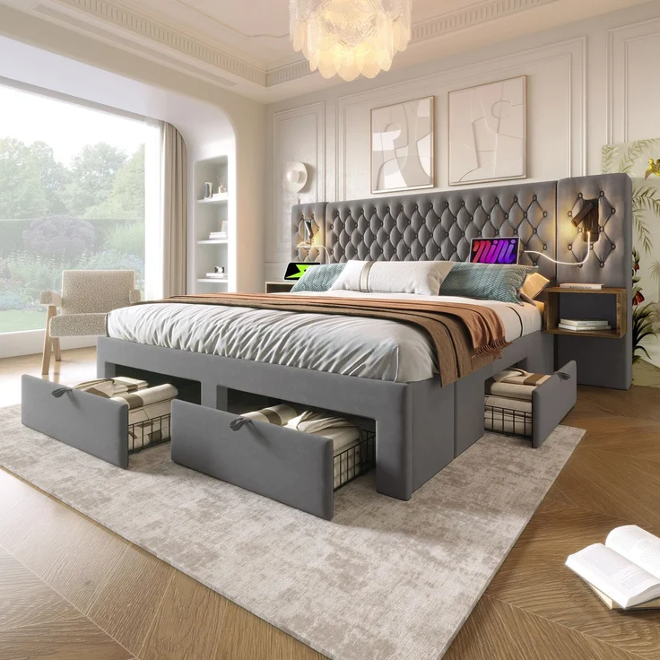 Bettanlage Schlafzimmer Komplett Set, Polsterbett Doppelbett 180×200 cm mit 2 Nachttischen und 4 Schubladen, Kopfteil Leselicht mit USB Ladefunkt – Bild 1