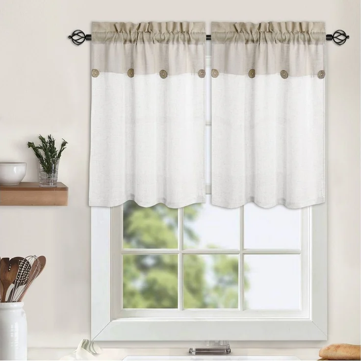 GarveeMore Gardine Scheibengardine Landhaus Fensterdeko Patchwork Querbehang Panneaux (1 St), halbtransparent, Aus Leinen-Mix mit Knopf, zweifarbig gestreift, für Küche oder Bad – Bild 2
