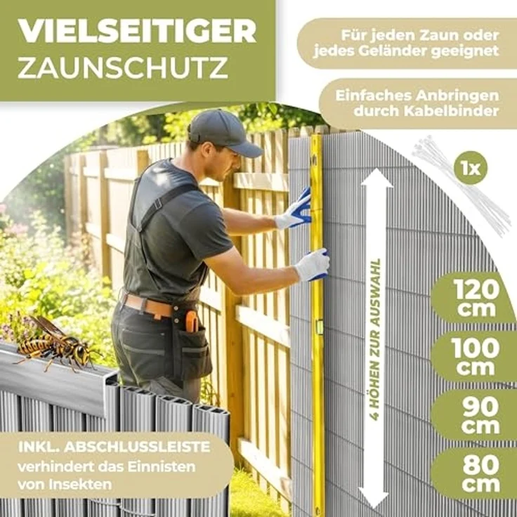 KESSER® PVC Sichtschutzmatte Sichtschutzzaun Balkonverkleidung Windschutz verstärkte Lamellen für Garten Balkon & Terrasse Balkonumrandung inkl Kabelbindern, Abdeckung & Handschuhe Hellgrau, 90 x 500 cm – Bild 3