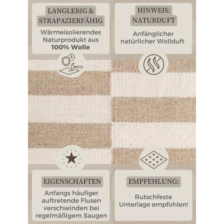 Hanse Home Wollteppich Vika - Natur Wohnzimmerteppich - Handgewebt & Umweltfreundlich - Streifen Design Wolle Modern für Wohnzimmer, Schlafzimmer, Esszimmer, Flur - Beige Natur Weiß, 80x200cm – Bild 5