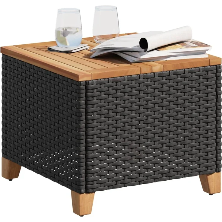Gartentisch, Beistelltisch, Balkontisch Schwarz 45x45x37 cm Poly Rattan Akazienholz – Bild 4