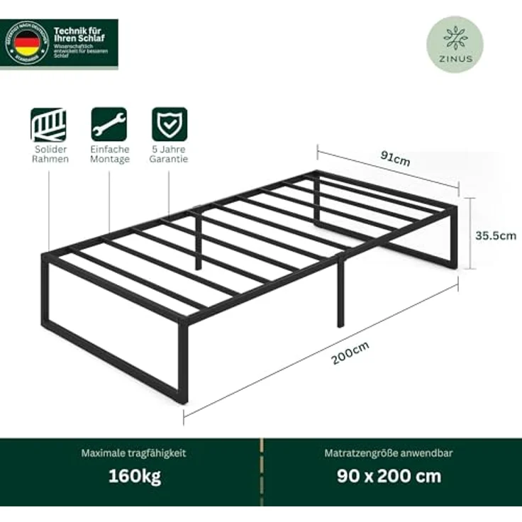 ZINUS Lorelai Plattformbett aus Metall, 36 cm | Stahllattenrost | Für Erwachsene, Kinder, Jugendliche | Stauraum unter dem Bett | Einfache Montage | 90x200 cm | Schwarz – Bild 3