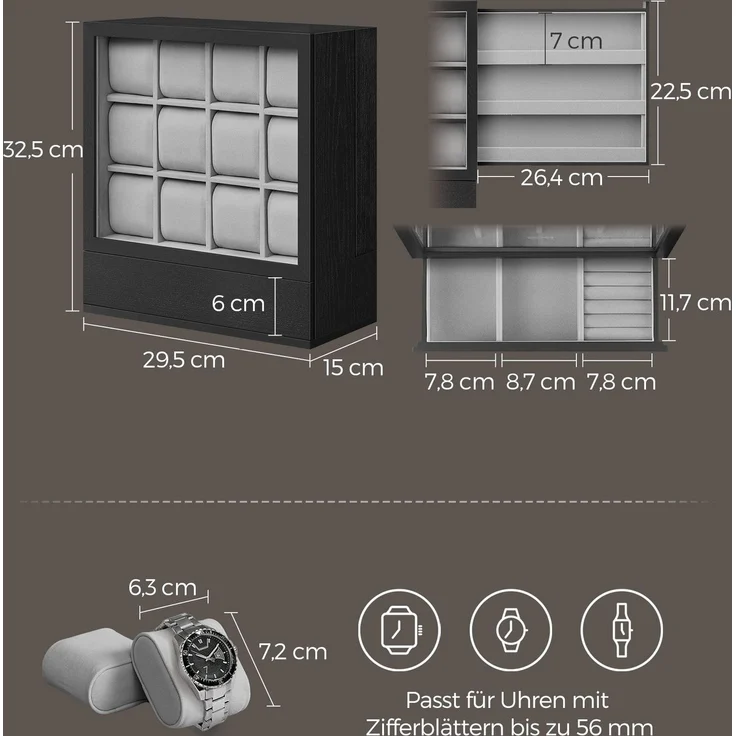 SONGMICS Uhrenbox 12 Fächer, Uhrenkasten mit Fenster, Uhren-Präsentation, Massivholzfurnier, Samtfutter, vertikale Aufbewahrung, platzsparend, Geschenkidee, ebenholzschwarz JOWDE014B01 – Bild 5