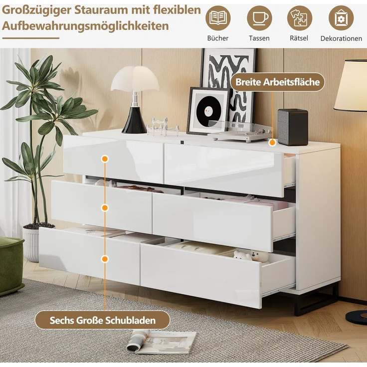 Sideboard 140 x 39,5 x 78,5 cm Weiß mit 6 Schubladen, Hochglanzfront, Metallfüße, großer Stauraum, symmetrisches Design – Bild 9