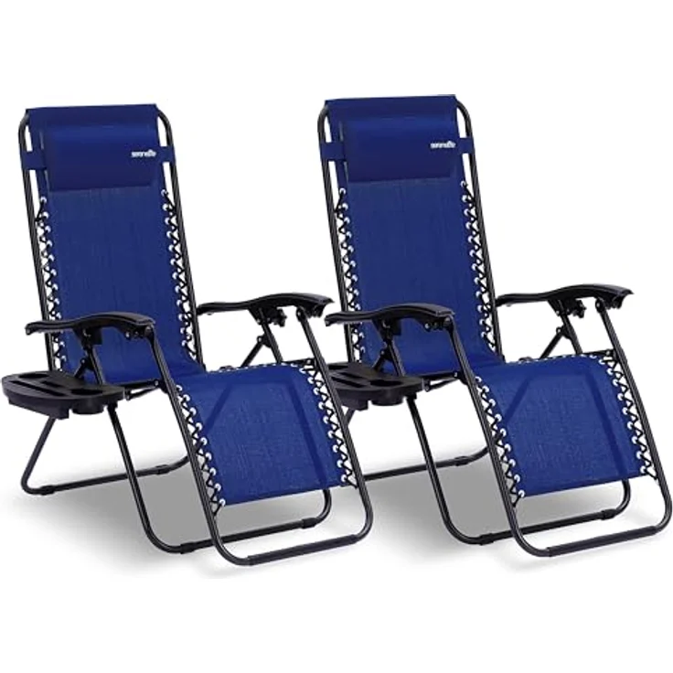 SereneLife Gartenliege Wetterfest, Sonnenliege Klappbar & Verstellbar als Liege, Sonnenstuhl als Gartenbett, Deckchair 2er Set Dunkelblau, Klappliegestuhl mit Seitentisch, Kopfkissen & Getränkehalter – Bild 2