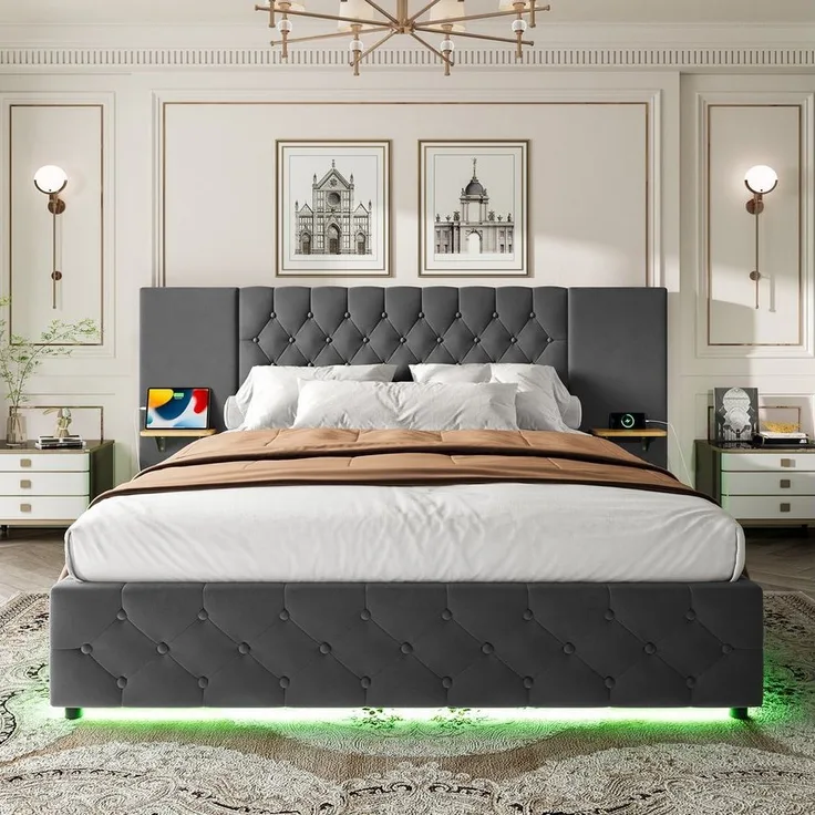 STILVORA Polsterbett Stauraumbett 160×200 Doppelbett mit LED-Licht und USB-Anschluss (mit LED-Beleuchtung, USB-Anschluss, hydraulischem Hebesystem und großzügigem Stauraum – Stylisches Design mit breitem Kopfteil, ideal für Schlafzimmer & komfortablen ...