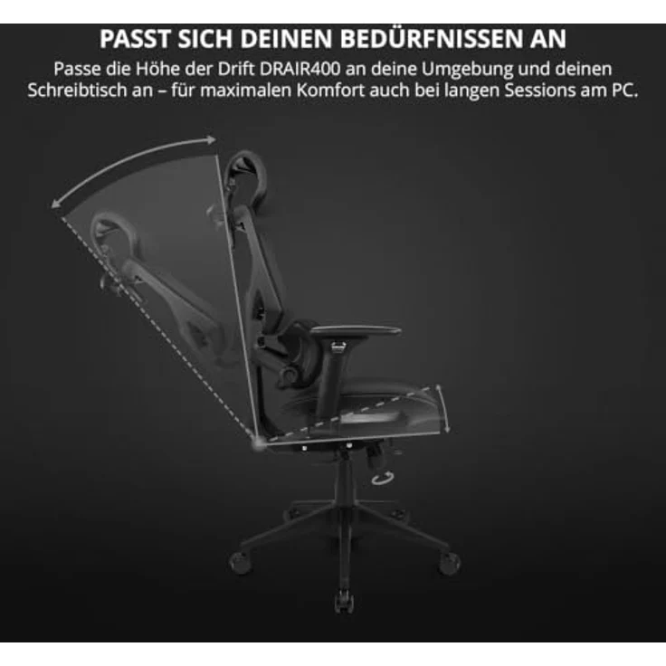 DRIFT GAMING DRAIR400 - Professioneller Gaming Chair, hochwertiges Mesh und verstärktes Polymer, 4D verstellbare gepolsterte Armlehnen, Kolbenklasse 4, drehbar, neigbar, verstellbar, schwarz. – Bild 7