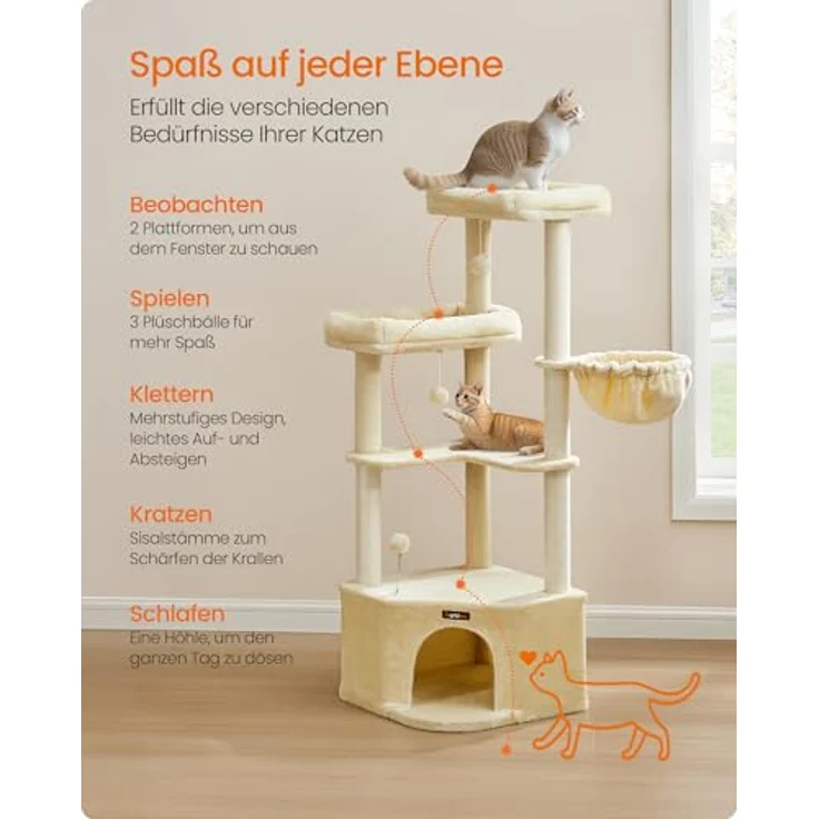 Feandrea Kratzbaum, Katzenbaum, 48,5 x 48,5 x 140,7 cm, Katzenkratzbaum mit großer Kuschelhöhle, großen Plattformen, Plüschbällen, Liegemulde, sandbeige – Bild 6