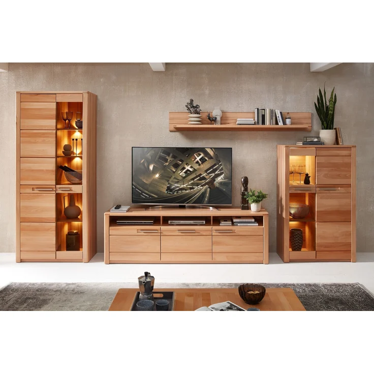 Wohnwand >Nature One< 4-teilig, mit LED, FSC, in Kernbuche teimassiv - 390x203x45cm (B/H/T) – Bild 1