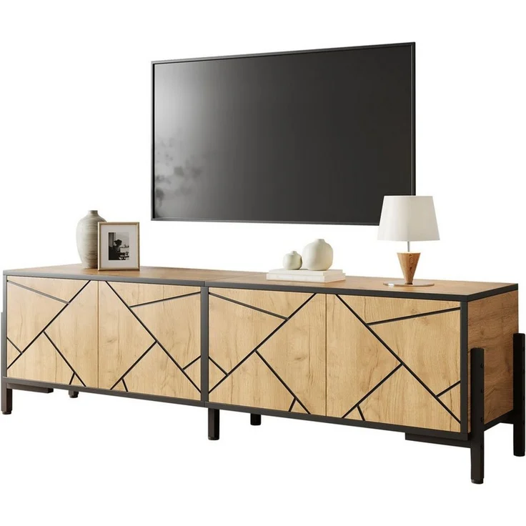 MODFU TV-Schrank Naturfarbener TV-Ständer 153 cm mit schwarzen Linien & 4 Türen (Packung, 1-St, Geometrisches Kontrastdesign, MDF-Material) Geeignet für TV um die 65 Zoll, praktisches Wohnzimmer-Kabinett – Bild 4