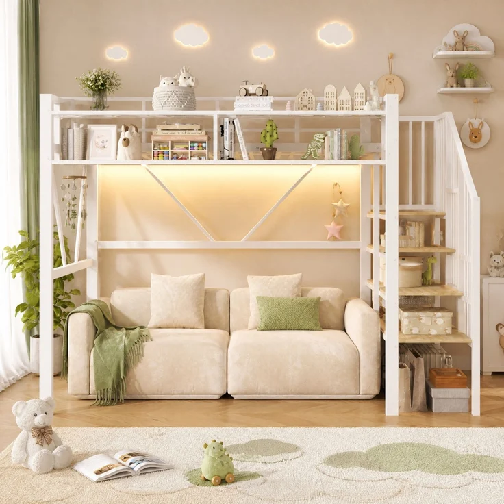 Hochbett 90x200 cm in Weiß mit Stufenregal, Gitterablagen und LED-Licht (ohne Matratze) – Bild 1