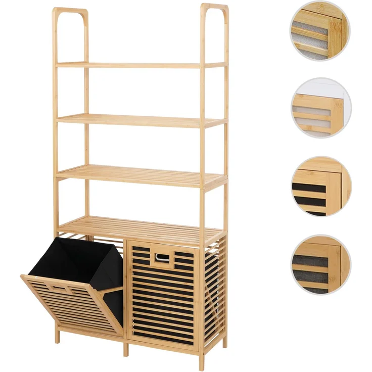 Bambus-Badezimmerschrank HWC-N83, Regal Badschrank, 2 Wäschekörbe 4 Regalböden MVG 168x81x33cm ~ natur, Korb anthrazit – Bild 10