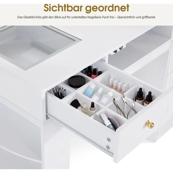 BarberPub Manikürtisch mit 4 Schubladen, Regal, 2 Ablagen & Glasplatte, Nageltisch mit Absaugung & 2 Staubsaugerbeuteln, Weiß, 2442