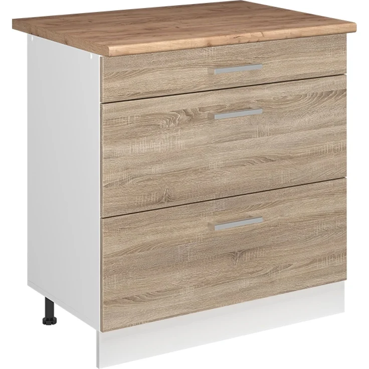 Küchenunterschrank R-Line Sonoma/Weiß 80 cm mit 3 Schubladen Arbeitsplatte Goldkraft Eiche Vicco – Bild 1