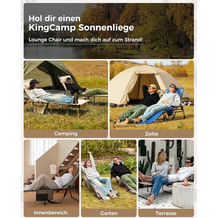 KingCamp Campingliege Sonnenliege Gartenliege klappbar 5-Stufig Verstellbarer Rückenlehne Liege Gartenstuhl Strandliege Camping Klappbett mit Kopfkissen für Garten Urlaub Outdoor Strand Pool – Bild 9