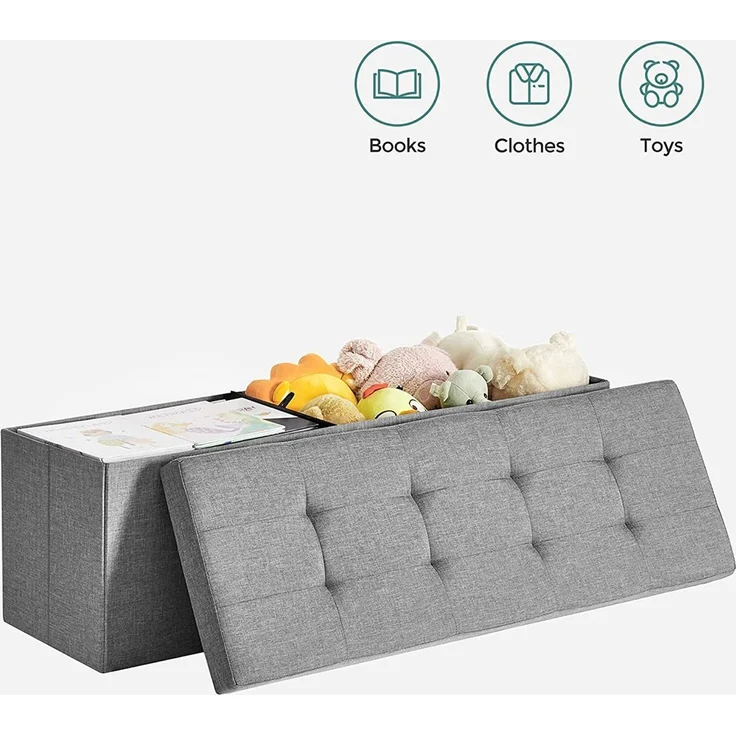 Sitzbank, 110 cm lang, Sitztruhe mit 120 L Stauraum, belastbar bis 300 kg, aus Leinen, hellgrau LSF77G – Bild 8