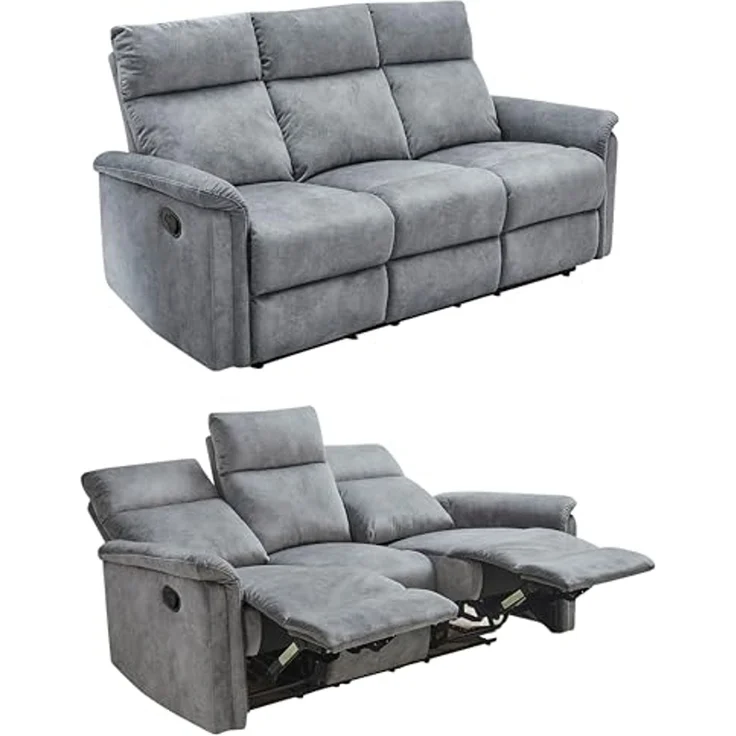 3-Sitzer-Relaxsofa Couch Liegefunktion Federkernpolsterung Velours Vintage Grau – Bild 1