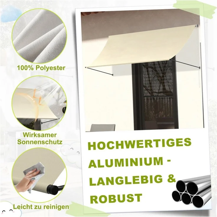 FIVMEN Markise Fallarmmarkise, Beige, UV-Schutz für Balkon & Fenster Aluminiumrohre und 100% Polyestergewebe mit wasserdichter Beschichtung – Bild 4