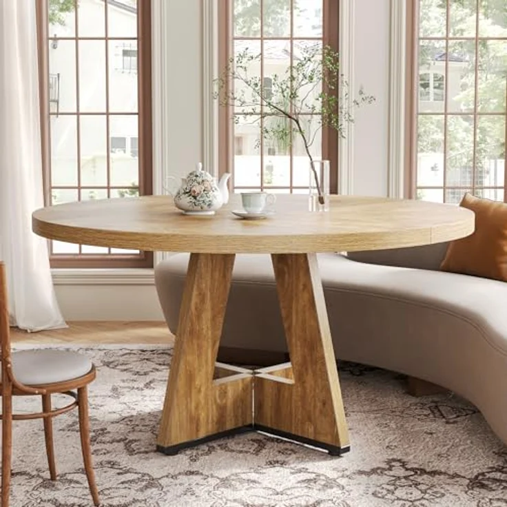 LITTLE TREE Runder Esstisch für 4 Personen, 120cm Esszimmertisch mit Holzsockel, Kreis Küchentische für Esszimmer, Küche, Wohnzimmer, Eiche – Bild 7