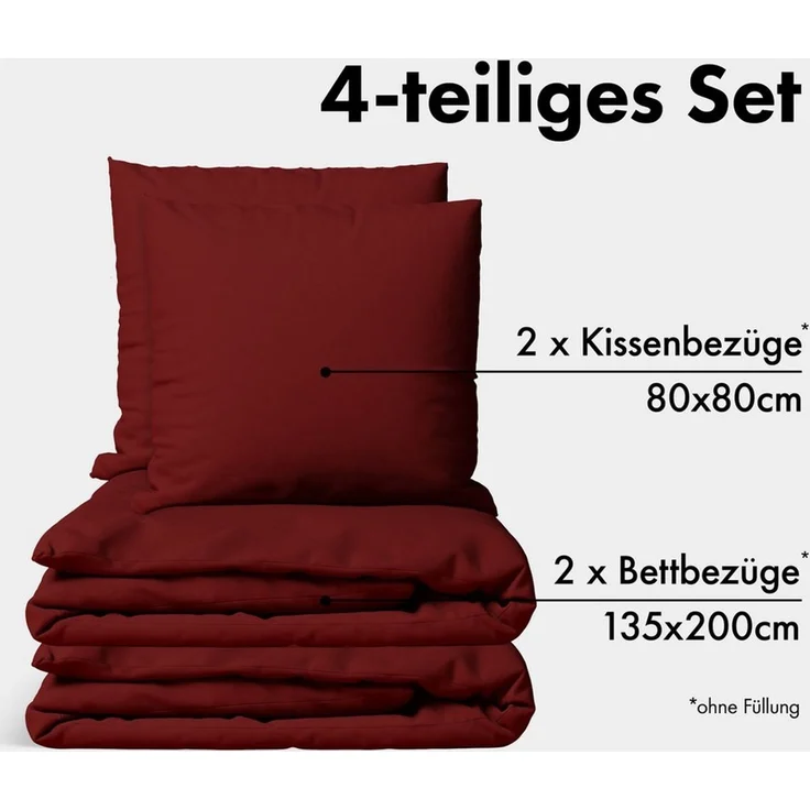 JACOBSON Bettwäsche 135x200 Set - 100% Baumwolle - 2 Bettbezüge 135x200 cm + 2 Kissenbezüge 80x80 cm, Perkal Bettwäsche 4-teilig mit Reißverschluss (135x200 cm, Bordeaux, 4-teilig) – Bild 2
