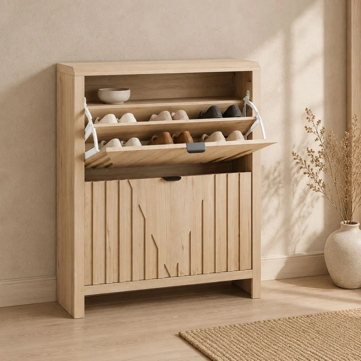 Schuhschrank aus MDF und Massivholz mit 2 Klappfächern, Eichenoptik und geometrischer Front,H 95 x T 80 x B 24 cm – Bild 3