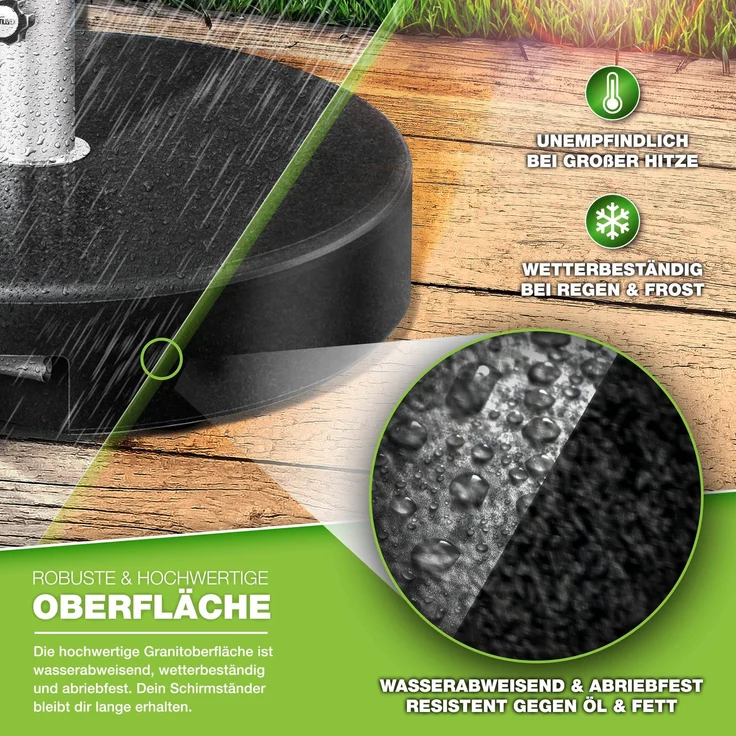 tillvex® Granit Sonnenschirmständer mit Rollen & Teleskopgriff 27 kg Schwarz - Rund | Schirmständer Sonnenschirm mit Edelstahlrohr | Balkonschirmständer für Schirmstöcke 16-48 mm & 300 cm Schirmdurchmesser – Bild 3