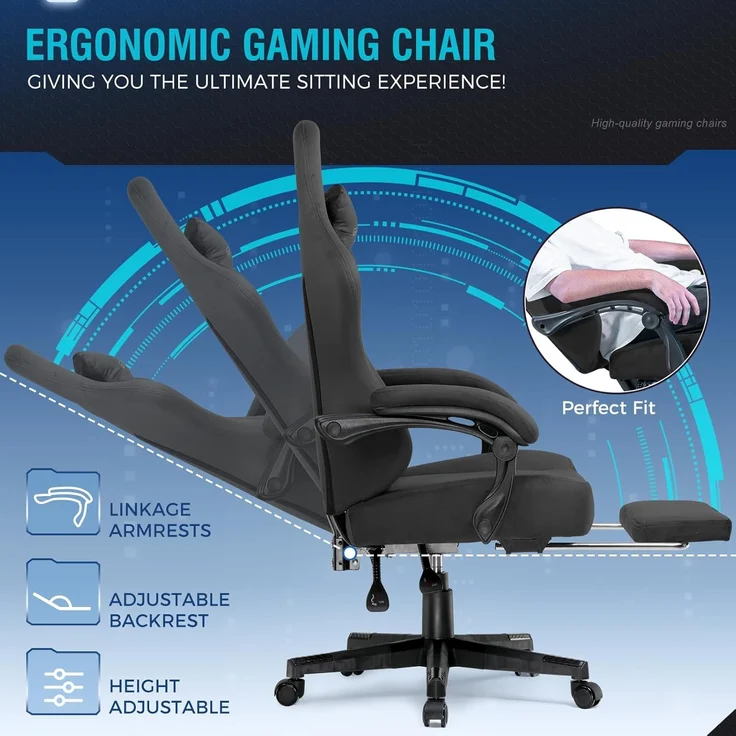 GTPLAYER Gaming Stuhl, Atmungsaktiver Bürostuhl, bürostuhl ergonomisch, Hochwertiger - Stoff, Ergonomischer PC Stuhl, 160° Verstellbare Rückenlehne und ausziehbare Fußstütze,Schwarz – Bild 8