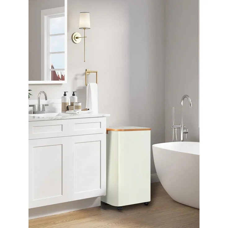 XL Wäschekorb mit Rollen 100L Bambus Deckel Herausnehmbar Waschbar Beige – Bild 7